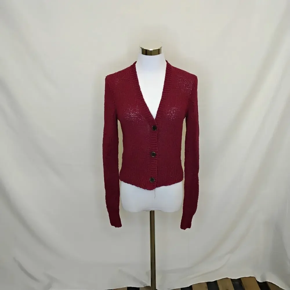 Lauren Ralph Lauren Cardigan Sweater Women's S Cropped Red Textured Knit #J5843